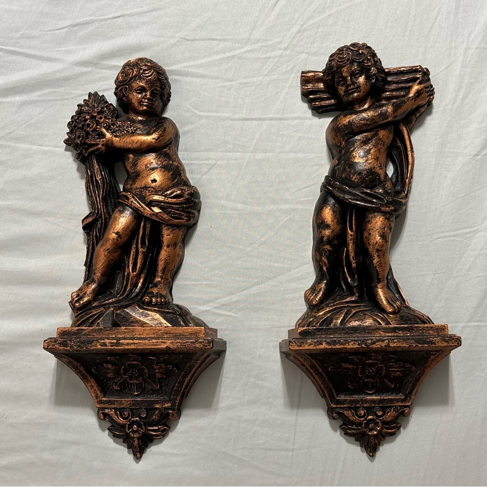 Vintage Dart IND MCM Plastic Brass Tone Cherub Wall Sculptures